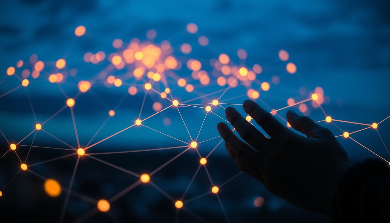 Visualização de rede blockchain nós brilhantes conectados por linhas em fundo escuro em estilo editorial