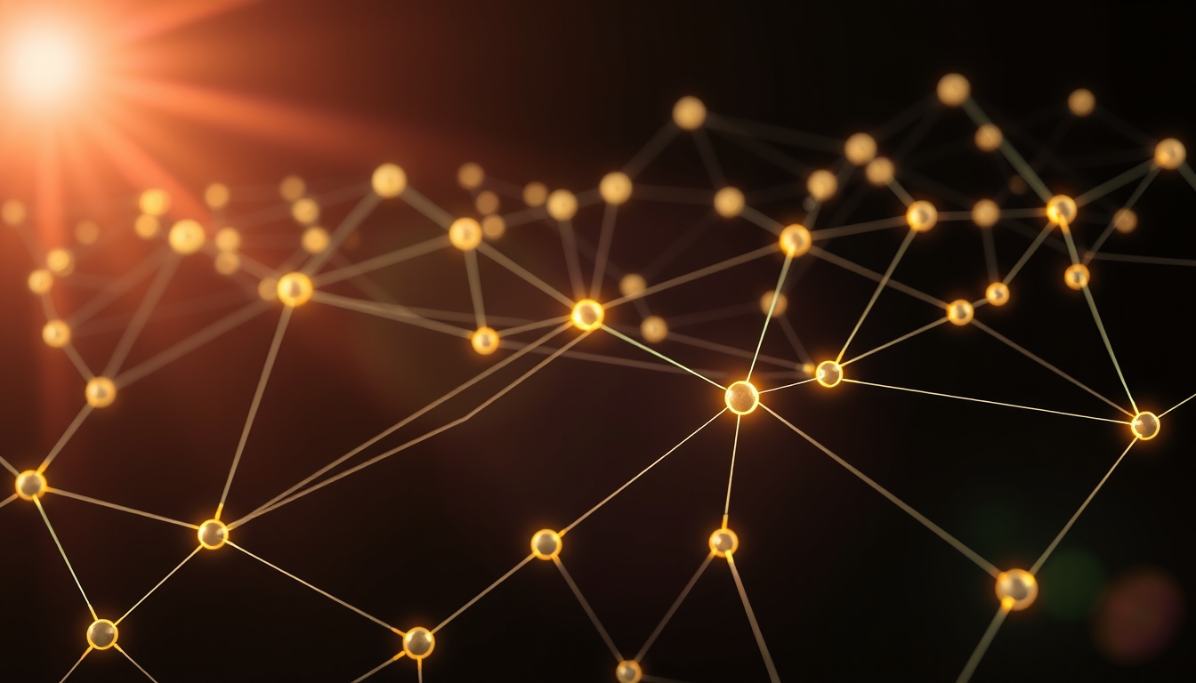 blockchain network visualization glowing nodes connected by lines on dark background in editorial style