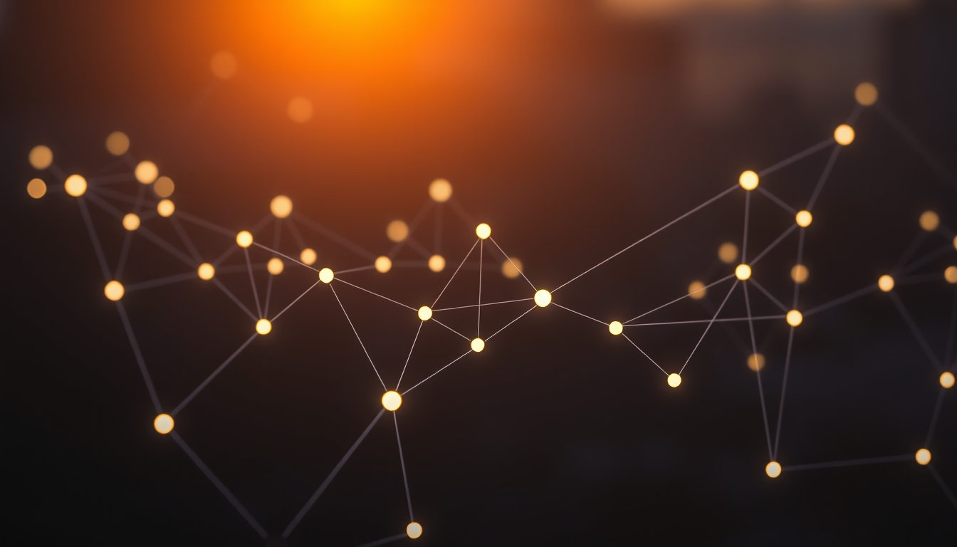 blockchain network visualization glowing nodes connected by lines on dark background in editorial style