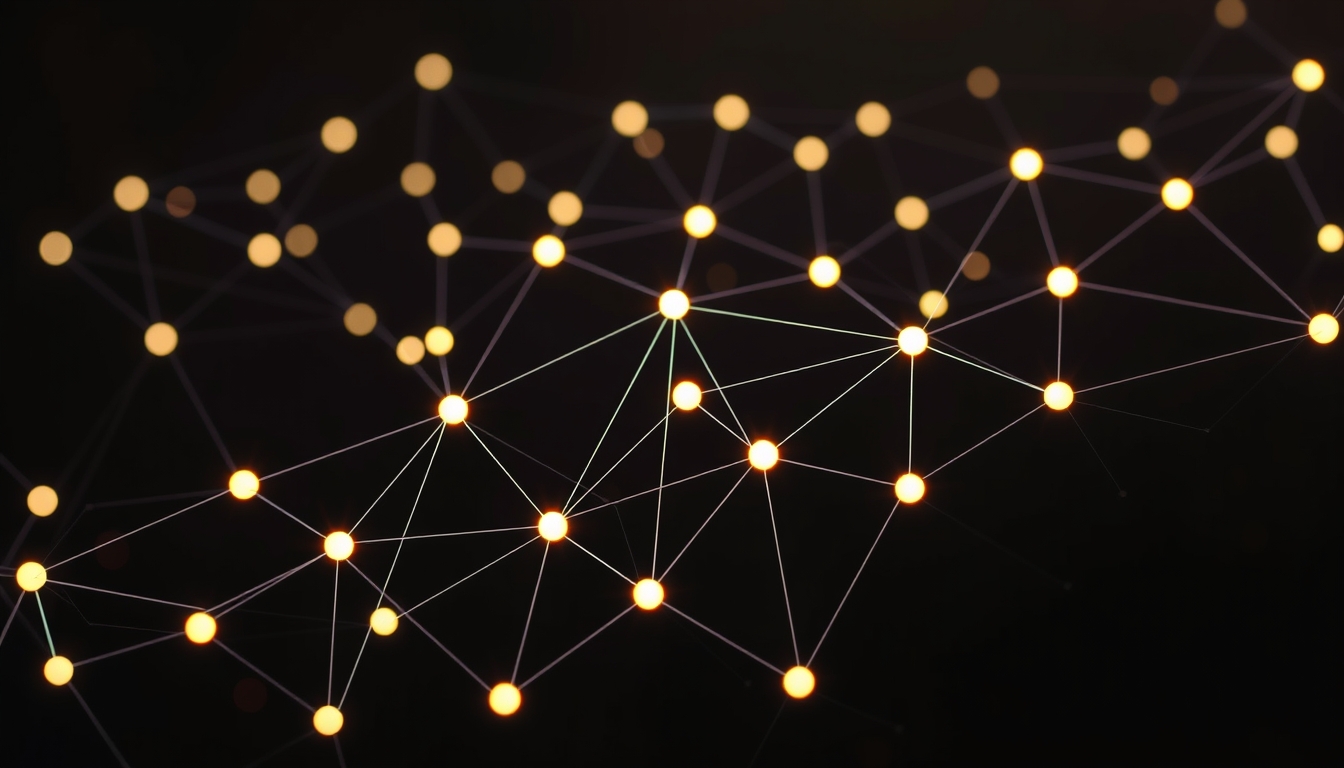 blockchain network visualization glowing nodes connected by lines on dark background in editorial style