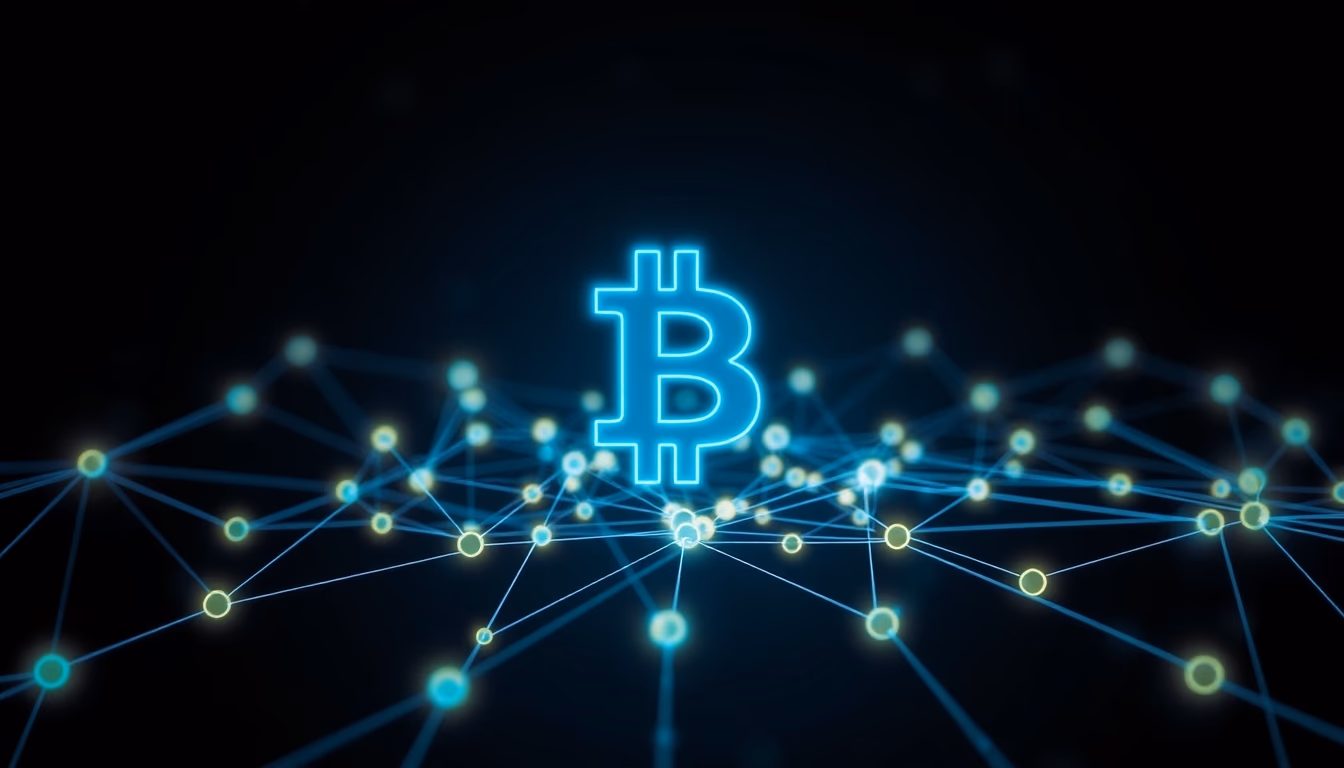 blockchain network visualization glowing nodes connected by lines on dark background in editorial style