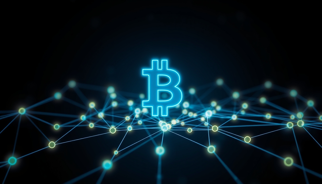 blockchain network visualization glowing nodes connected by lines on dark background in editorial style