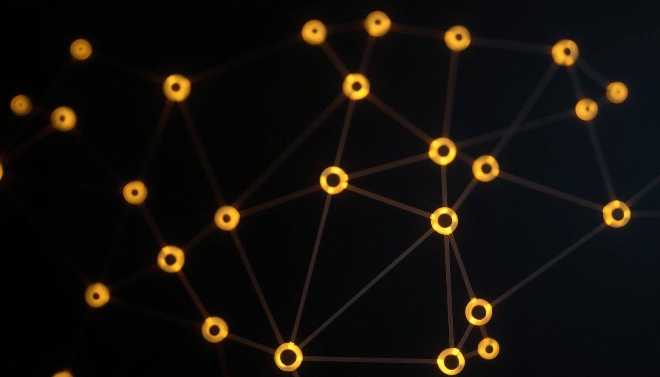 blockchain network visualization glowing nodes connected by lines on dark background in editorial style