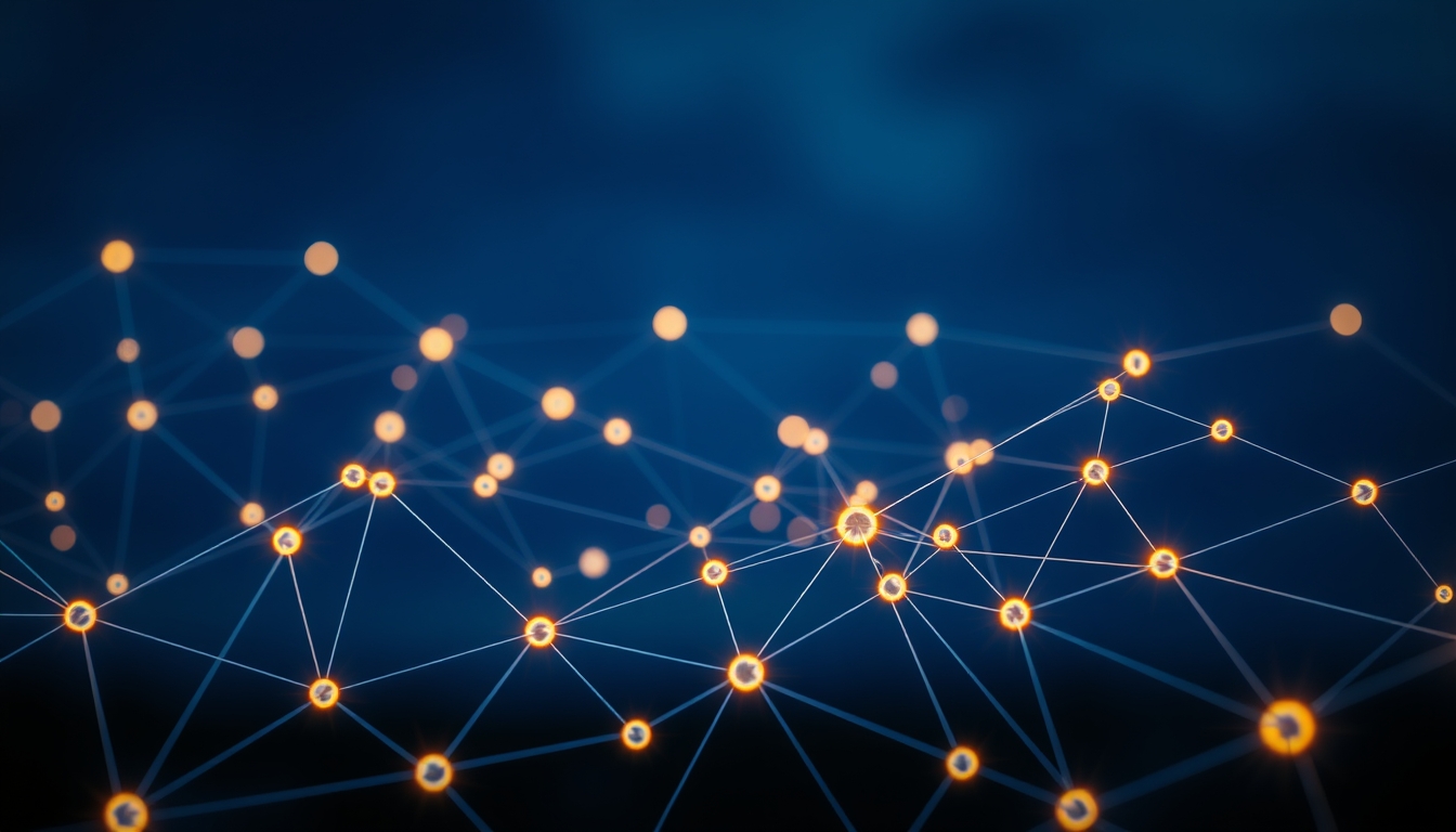 blockchain network visualization glowing nodes connected by lines on dark background in editorial style