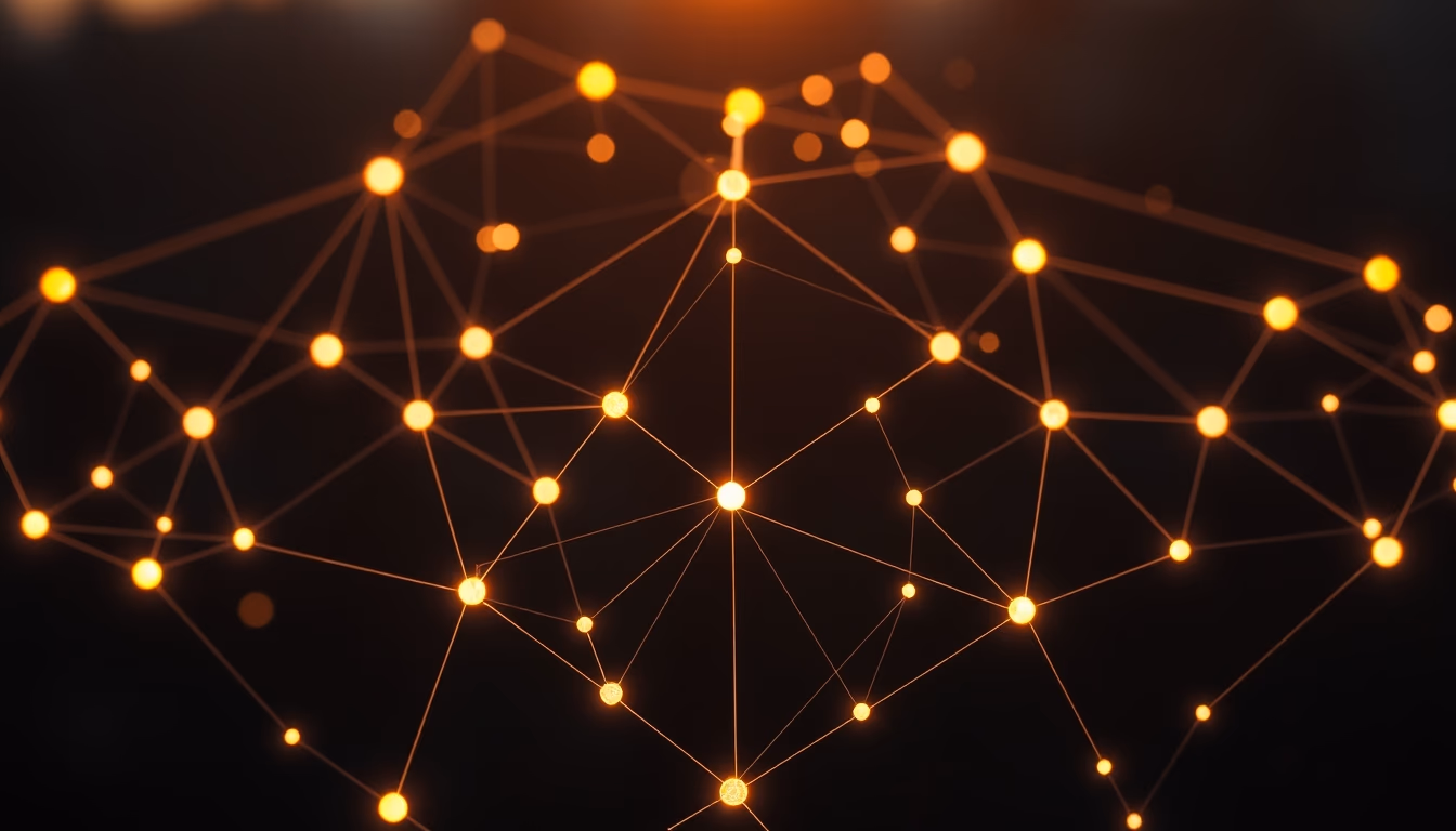 blockchain network visualization glowing nodes connected by lines on dark background in editorial style