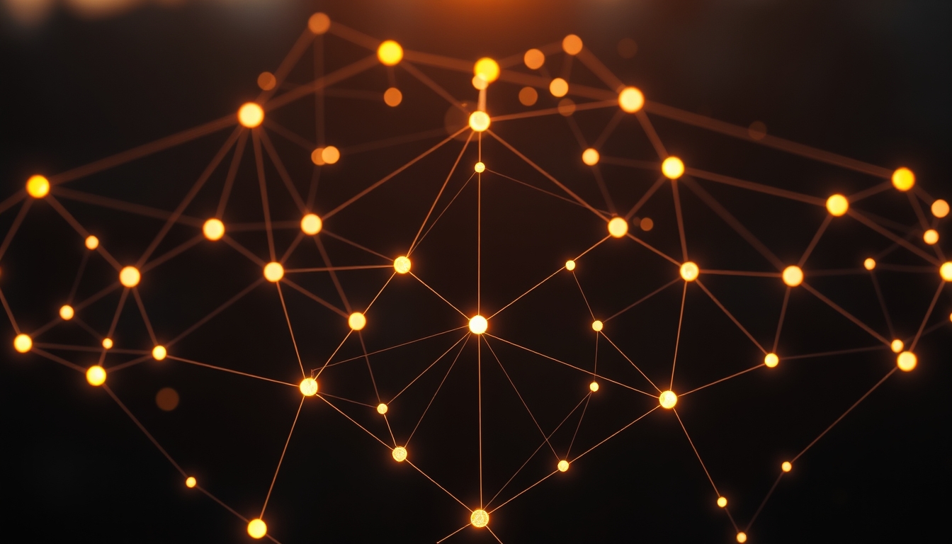 blockchain network visualization glowing nodes connected by lines on dark background in editorial style