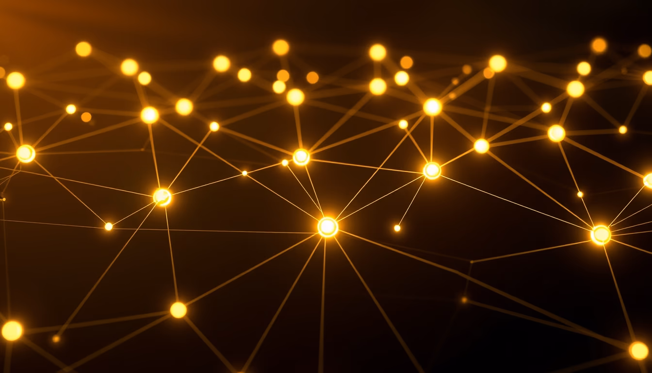 blockchain network visualization glowing nodes connected by lines on dark background in editorial style