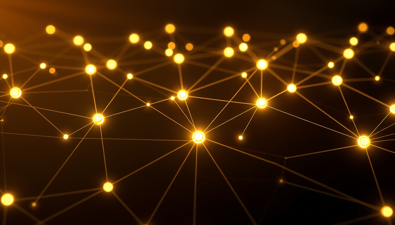 blockchain network visualization glowing nodes connected by lines on dark background in editorial style