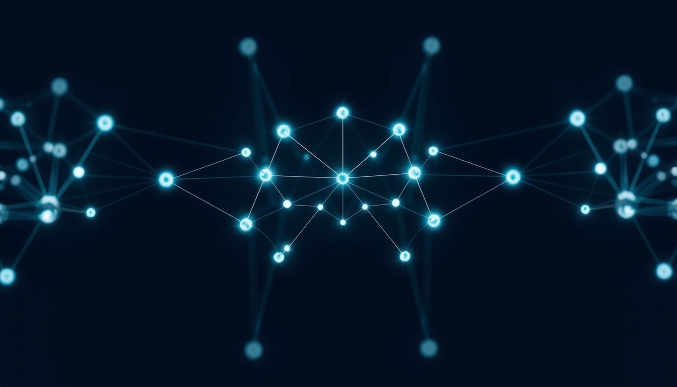 blockchain network visualization glowing nodes connected by lines on dark background in editorial style