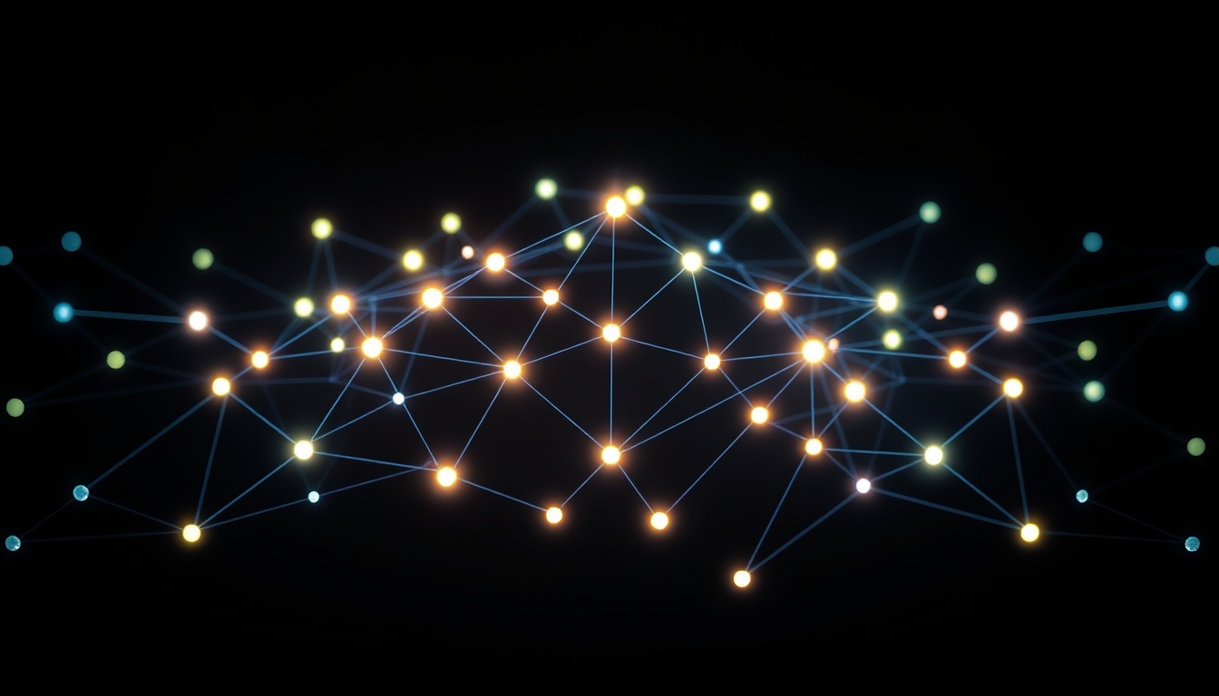 blockchain network visualization glowing nodes connected by lines on dark background in editorial style