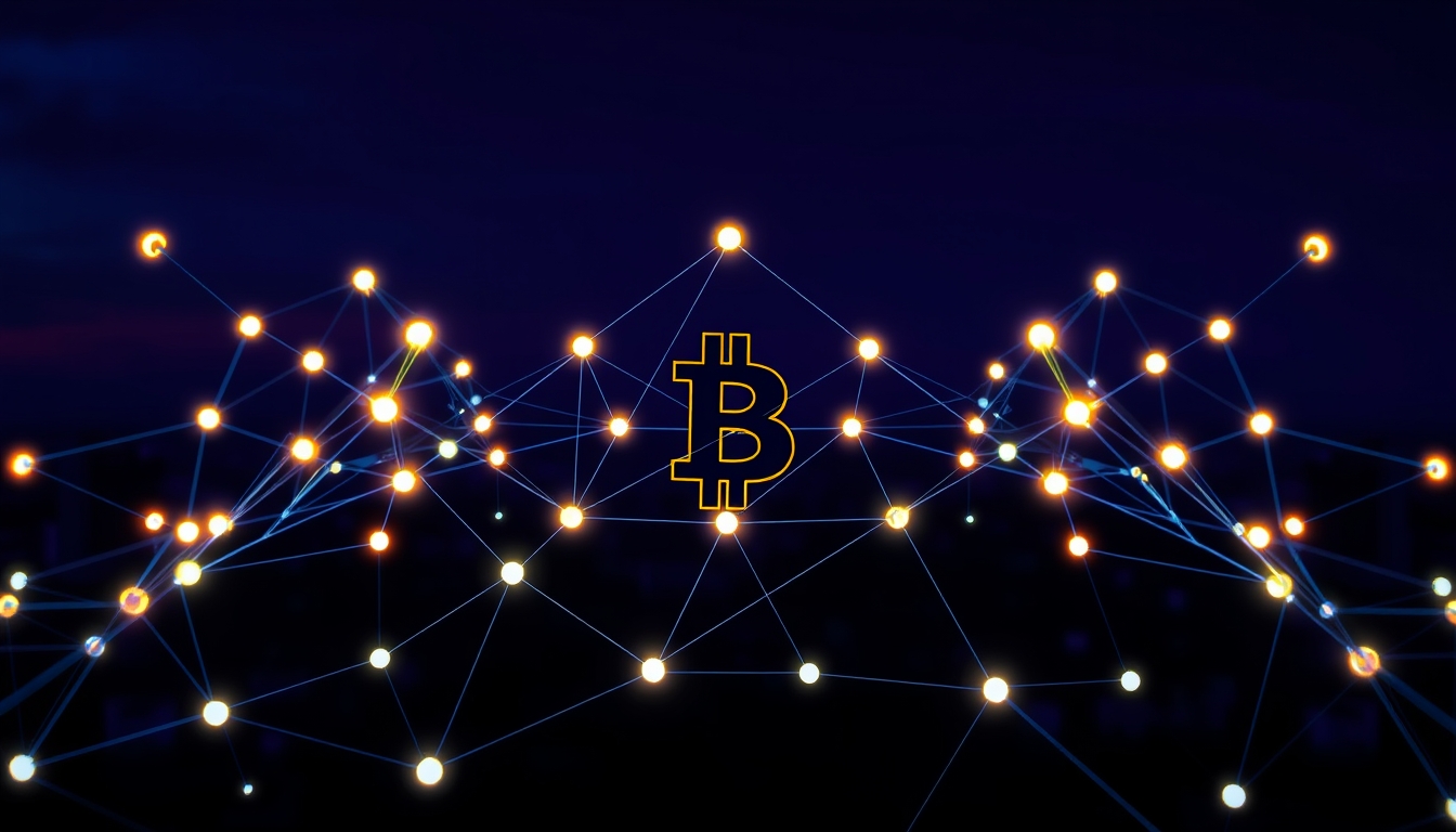 blockchain network visualization glowing nodes connected by lines on dark background in editorial style