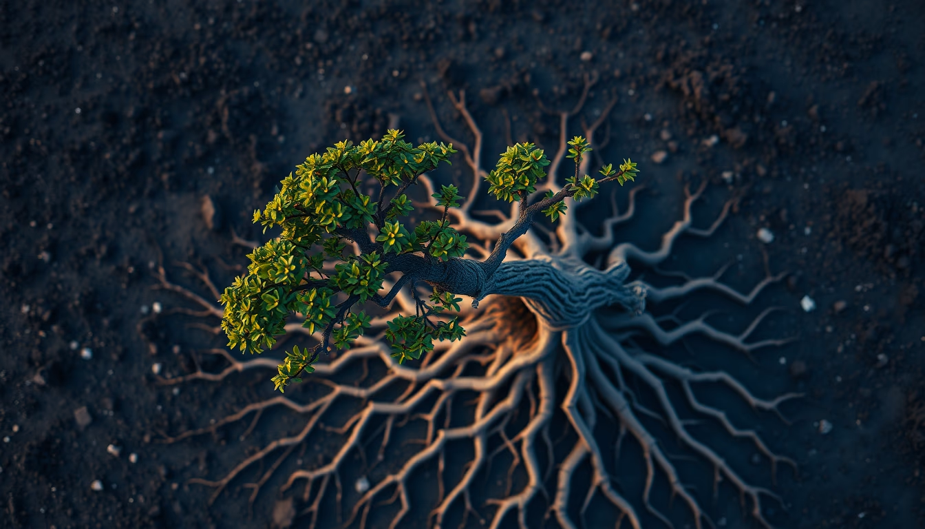 bonsai ficus aerial roots in editorial style