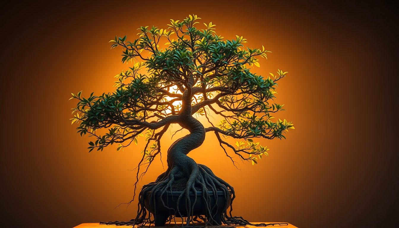 bonsai ficus aerial roots in editorial style