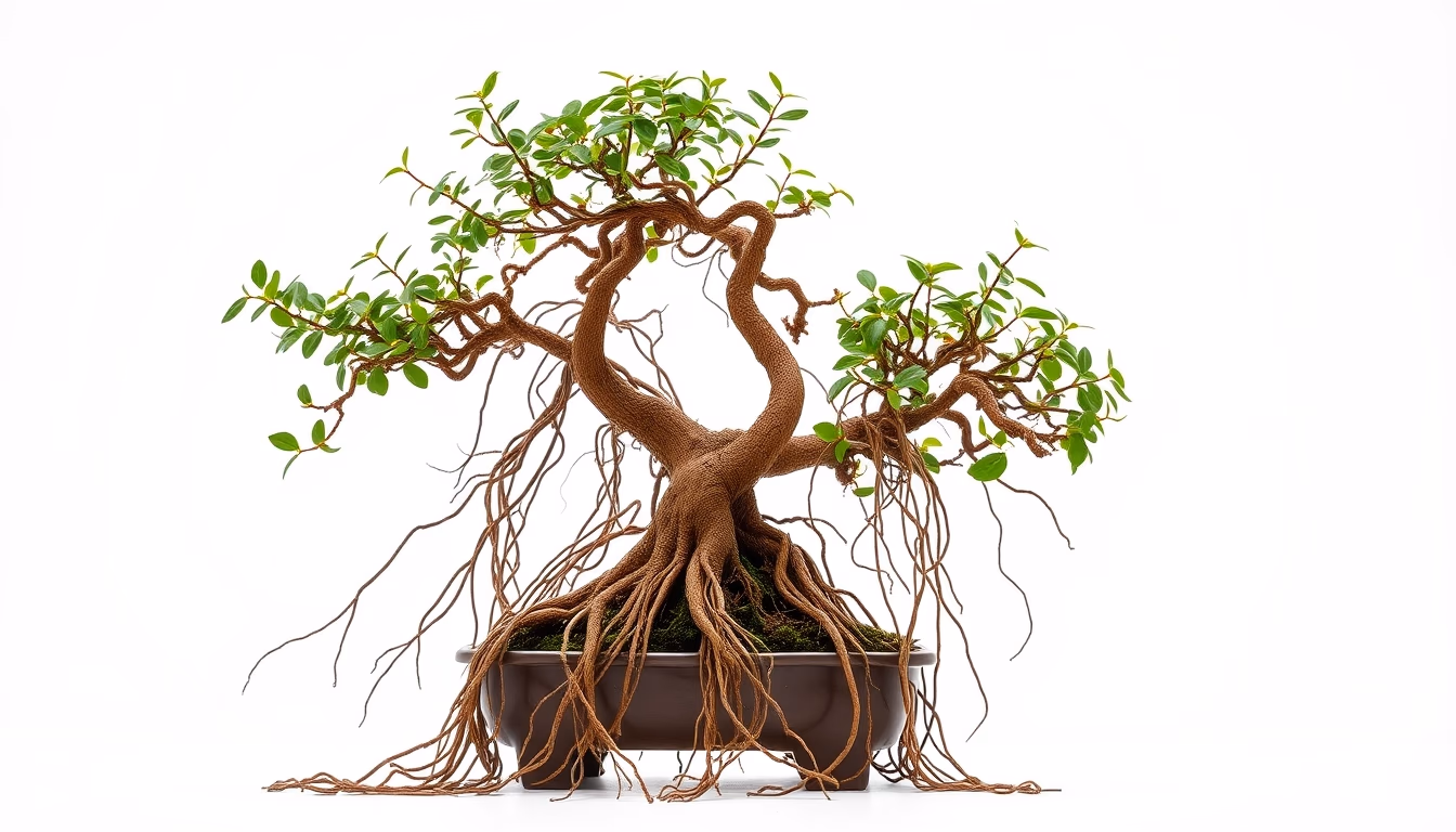 bonsai ficus aerial roots in editorial style