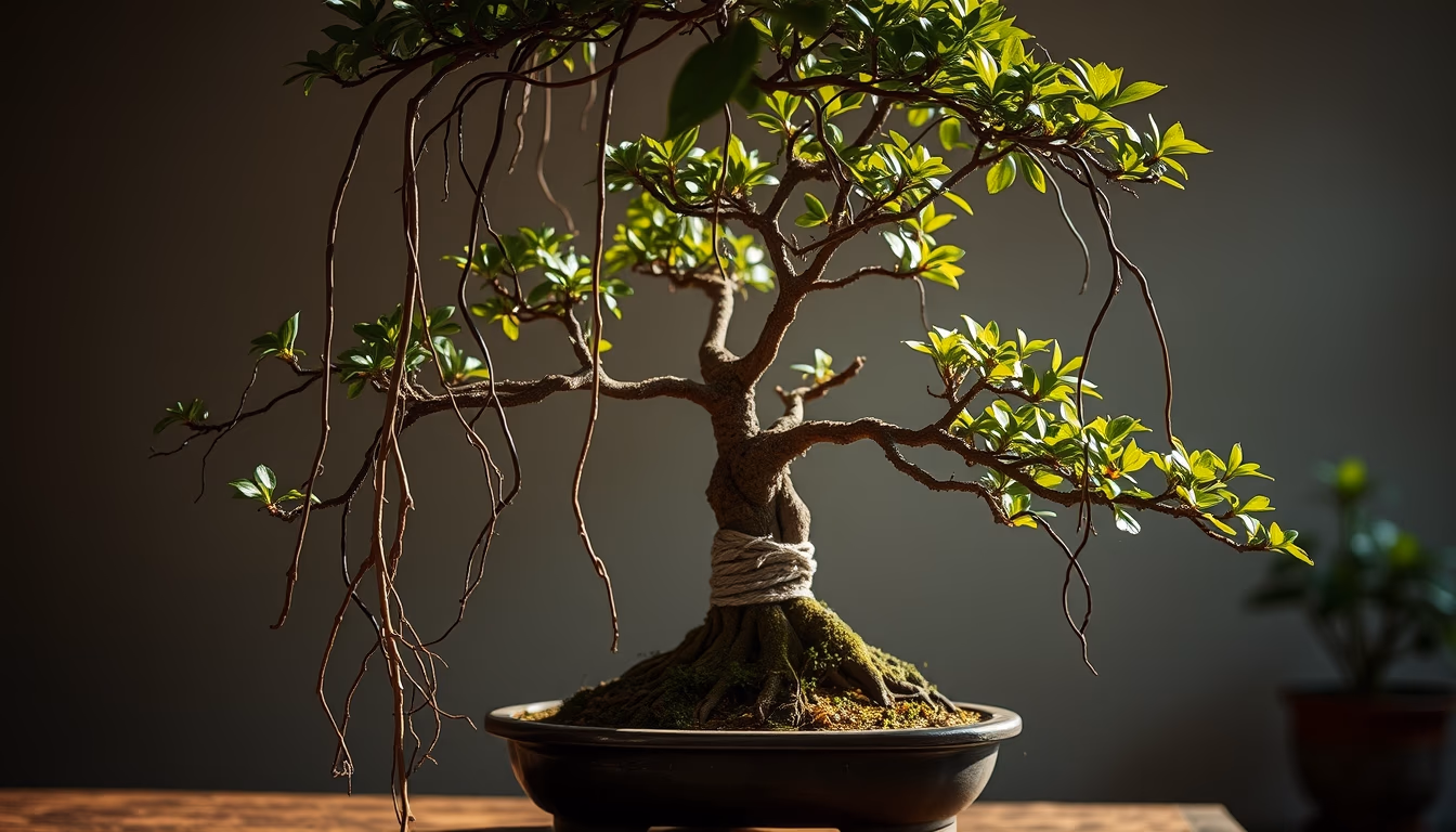 bonsai ficus aerial roots in editorial style