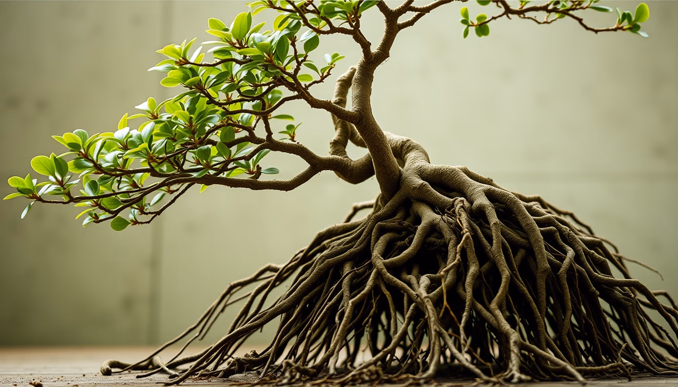 bonsai ficus aerial roots in editorial style