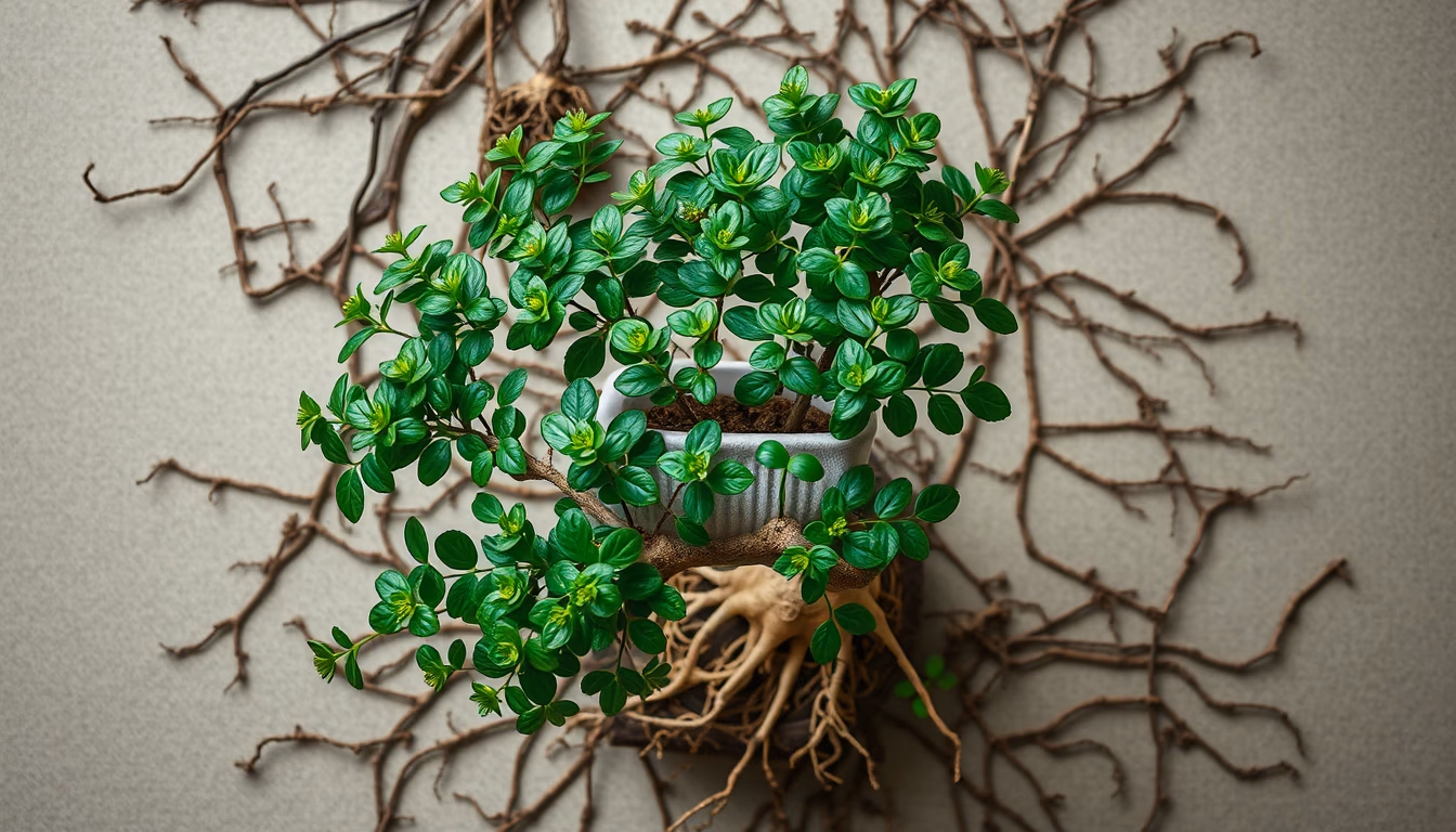 bonsai ficus aerial roots in editorial style