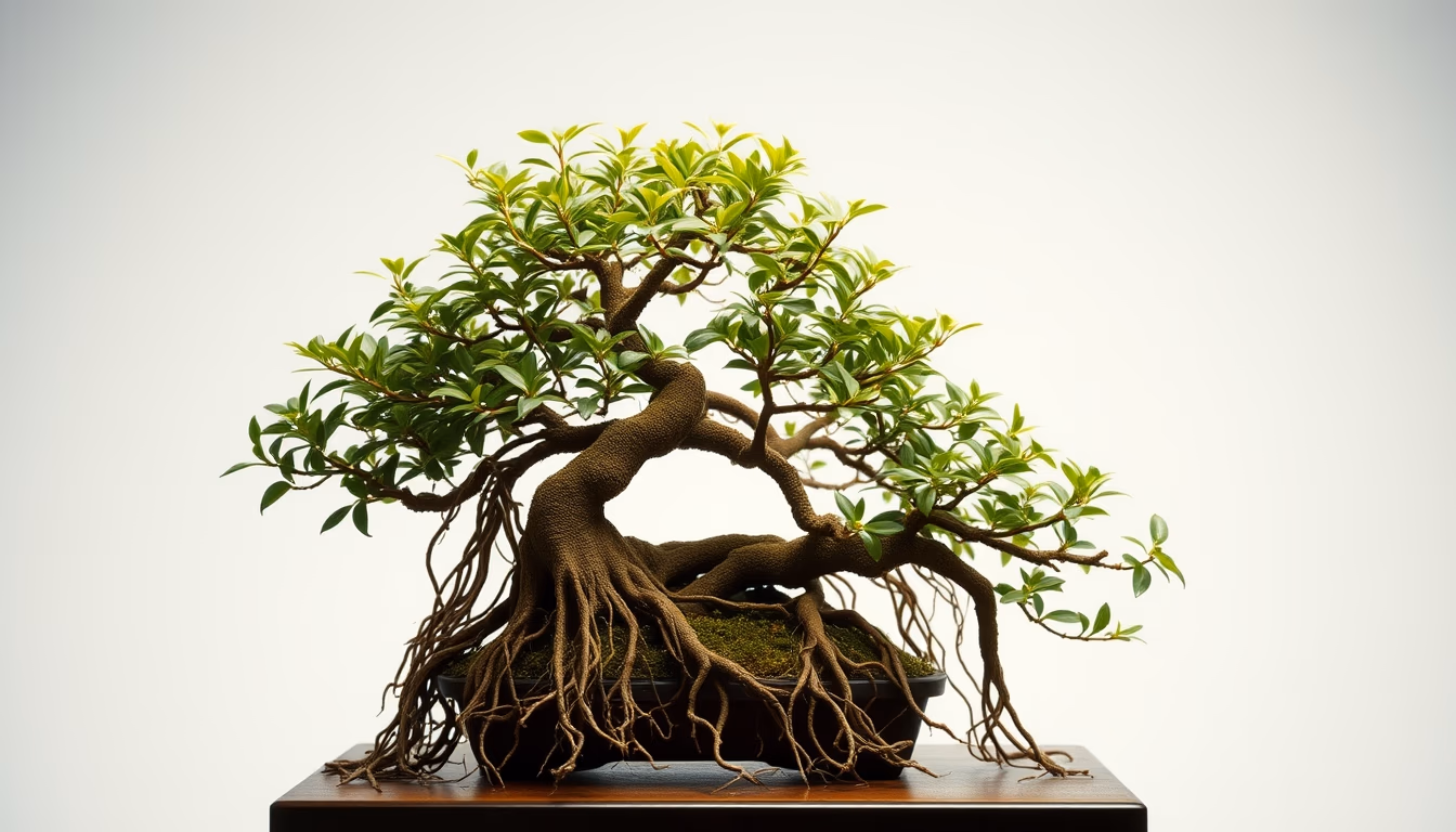 bonsai ficus aerial roots in editorial style