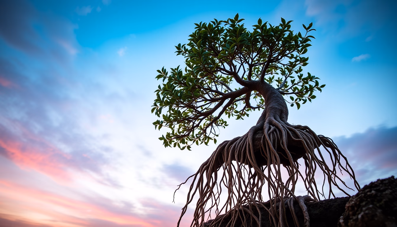 bonsai ficus aerial roots in editorial style