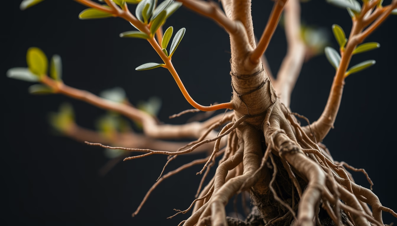 bonsai ficus aerial roots in editorial style