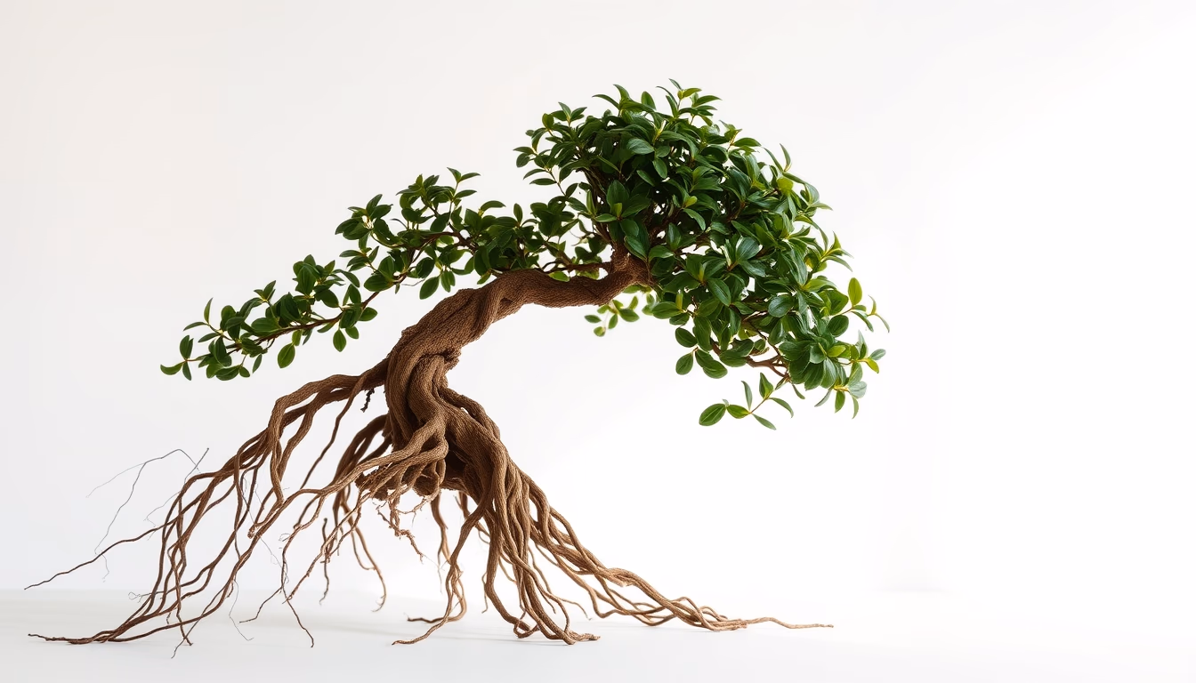bonsai ficus aerial roots in editorial style
