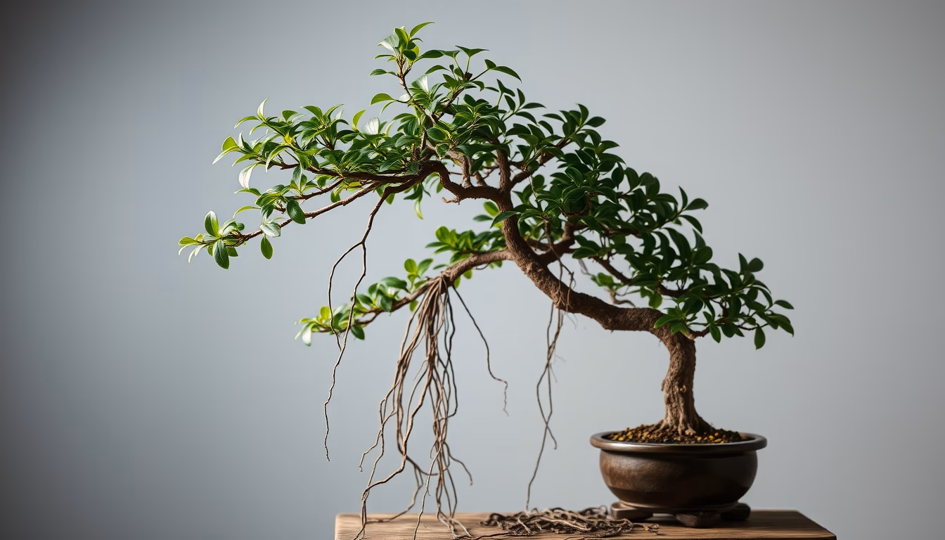 bonsai ficus aerial roots in editorial style