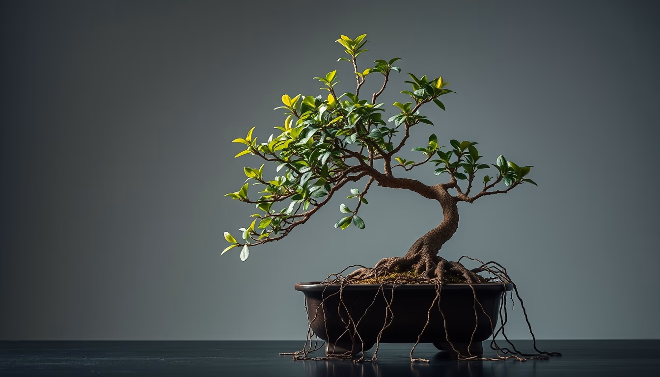 bonsai ficus aerial roots in editorial style
