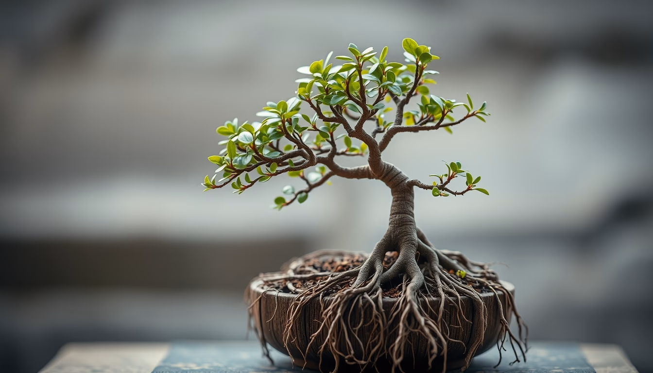 bonsai ficus aerial roots in editorial style