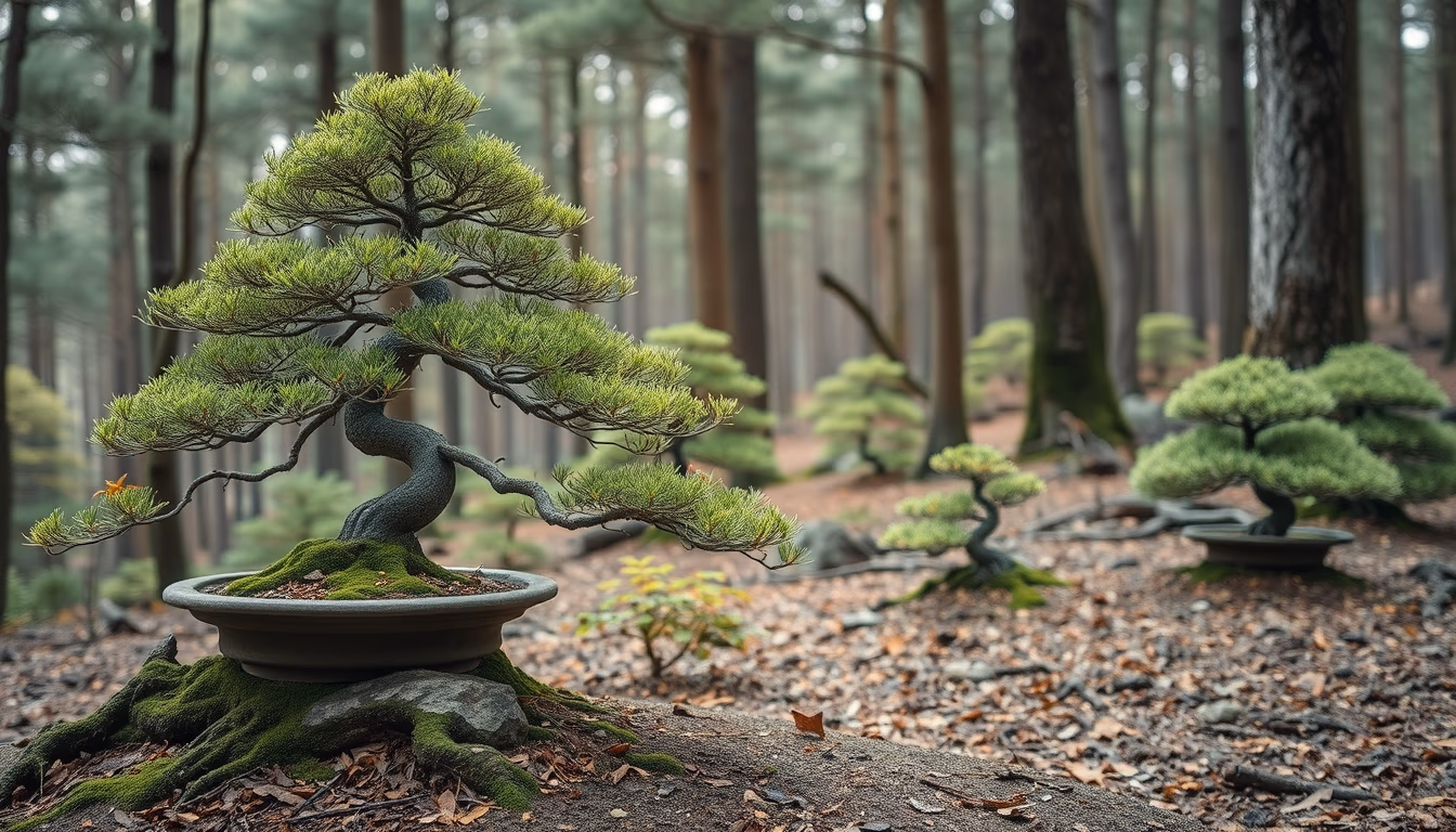 bonsai forest landscape in editorial style