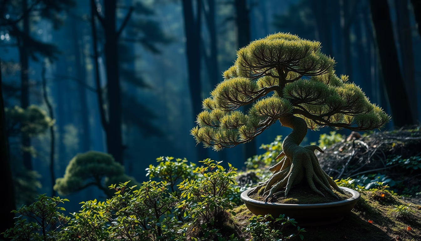 bonsai forest landscape in editorial style
