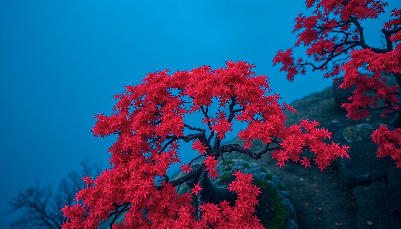 bonsai maple autumn red in editorial style