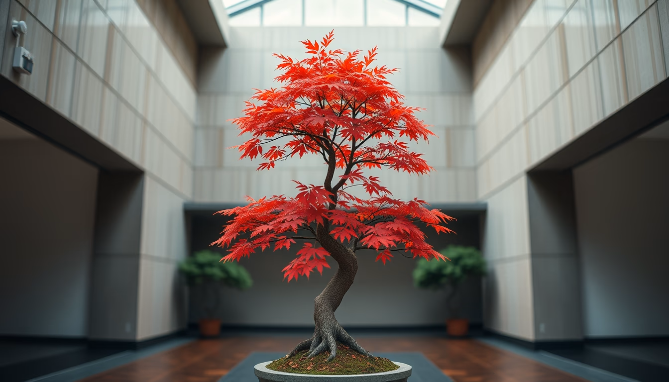 bonsai maple autumn red in editorial style