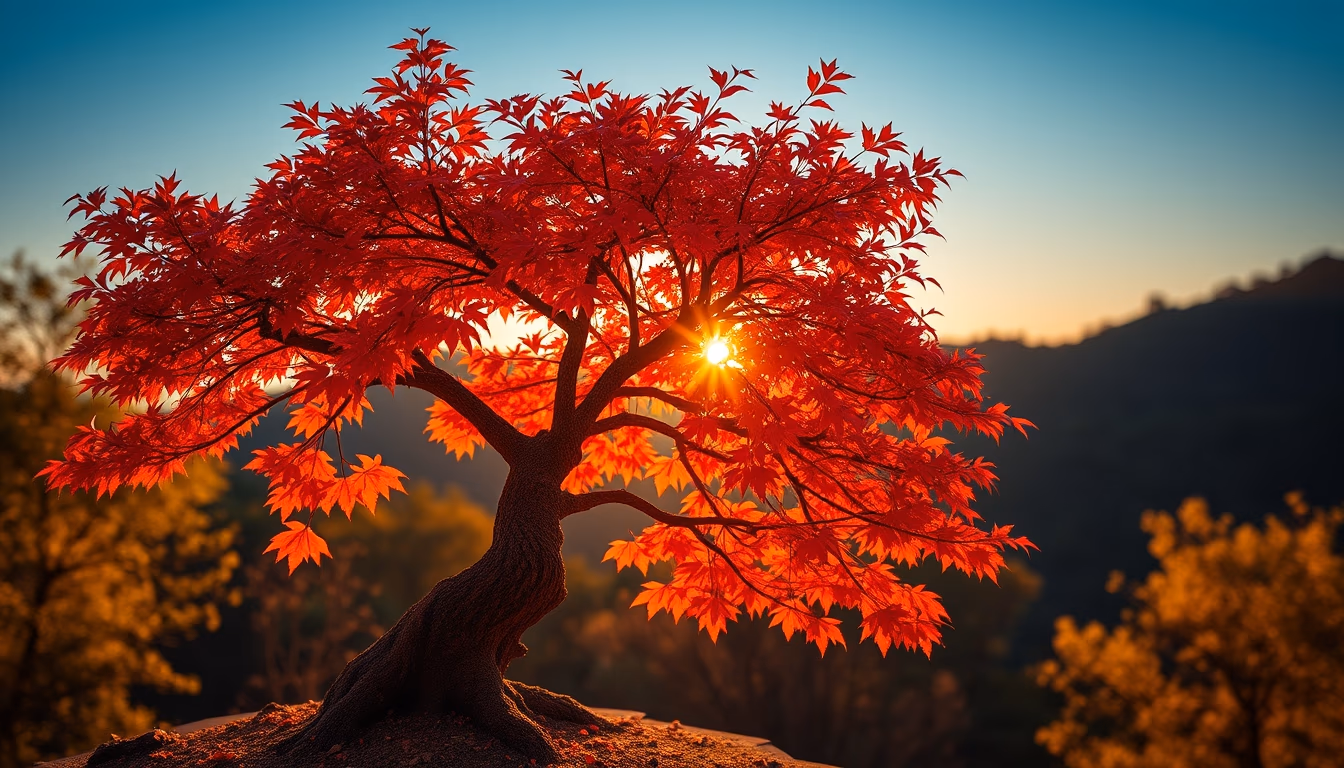 bonsai maple autumn red in editorial style