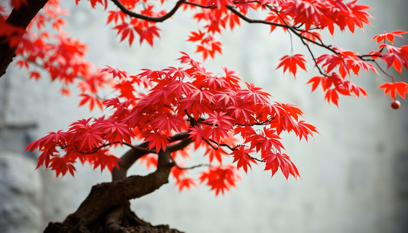 bonsai maple autumn red in editorial style