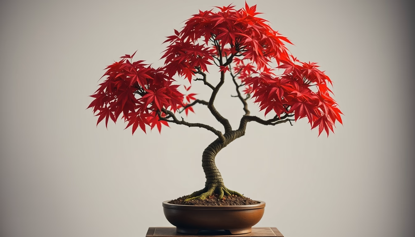 bonsai maple autumn red in editorial style