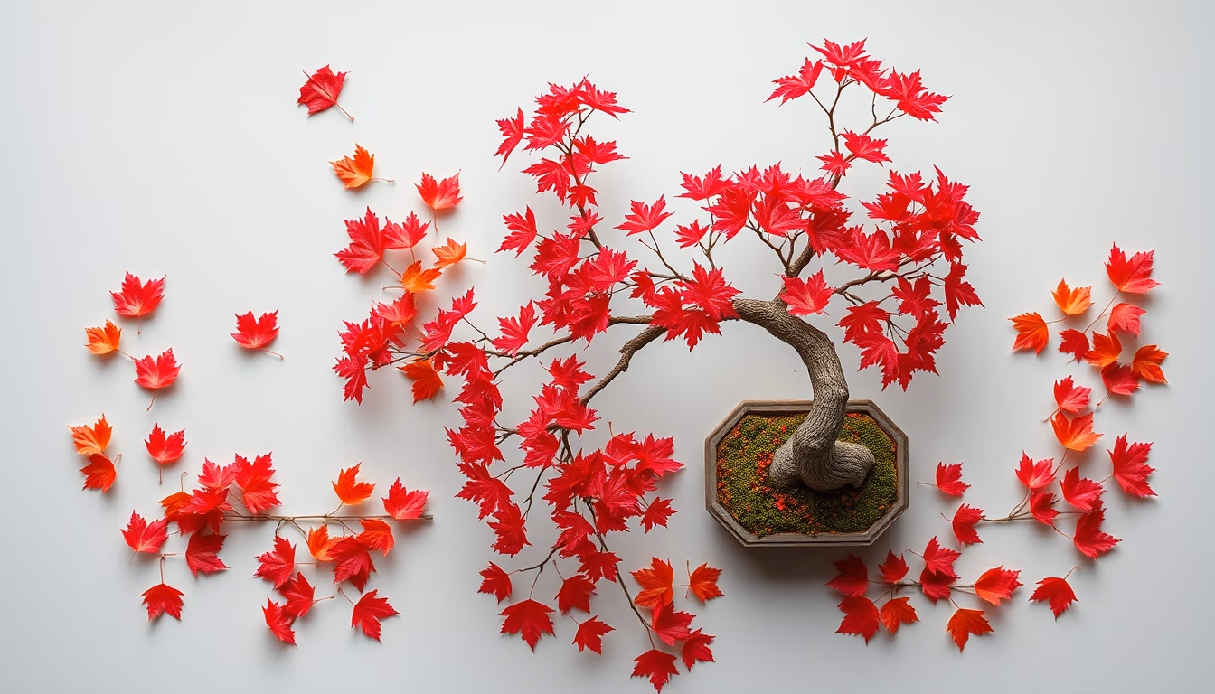 bonsai maple autumn red in editorial style