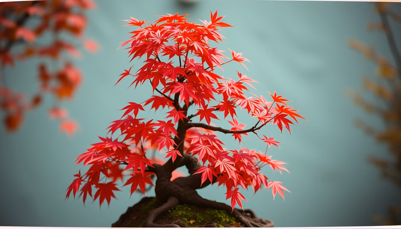 bonsai maple autumn red in editorial style