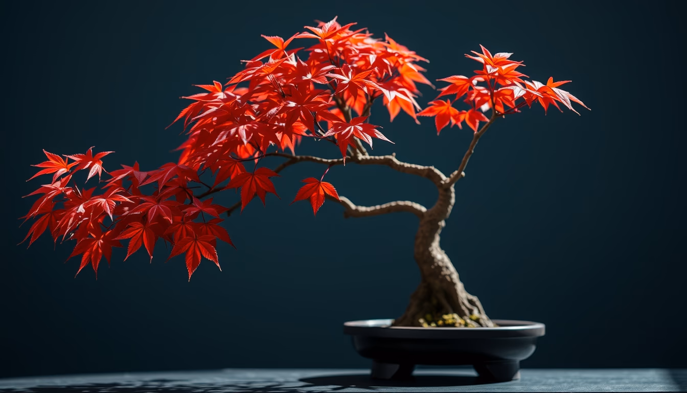 bonsai maple autumn red in editorial style