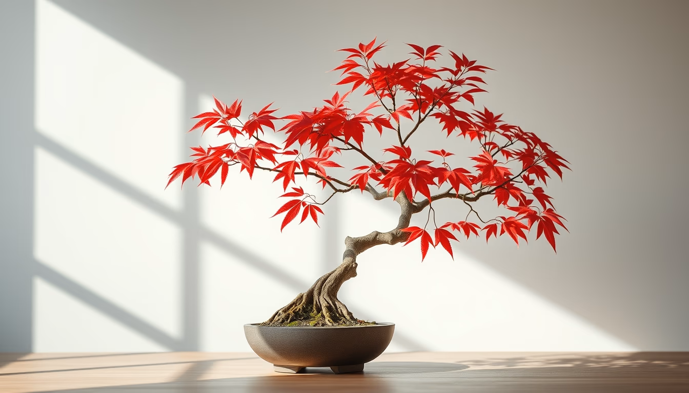 bonsai maple autumn red in editorial style