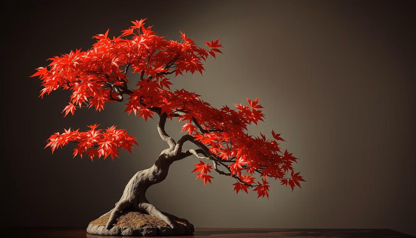 bonsai maple autumn red in editorial style