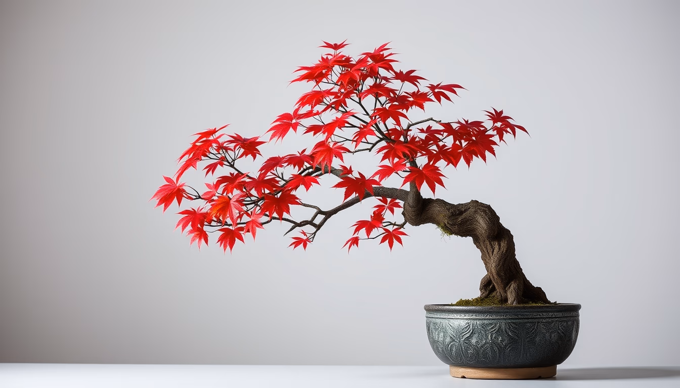 bonsai maple autumn red in editorial style