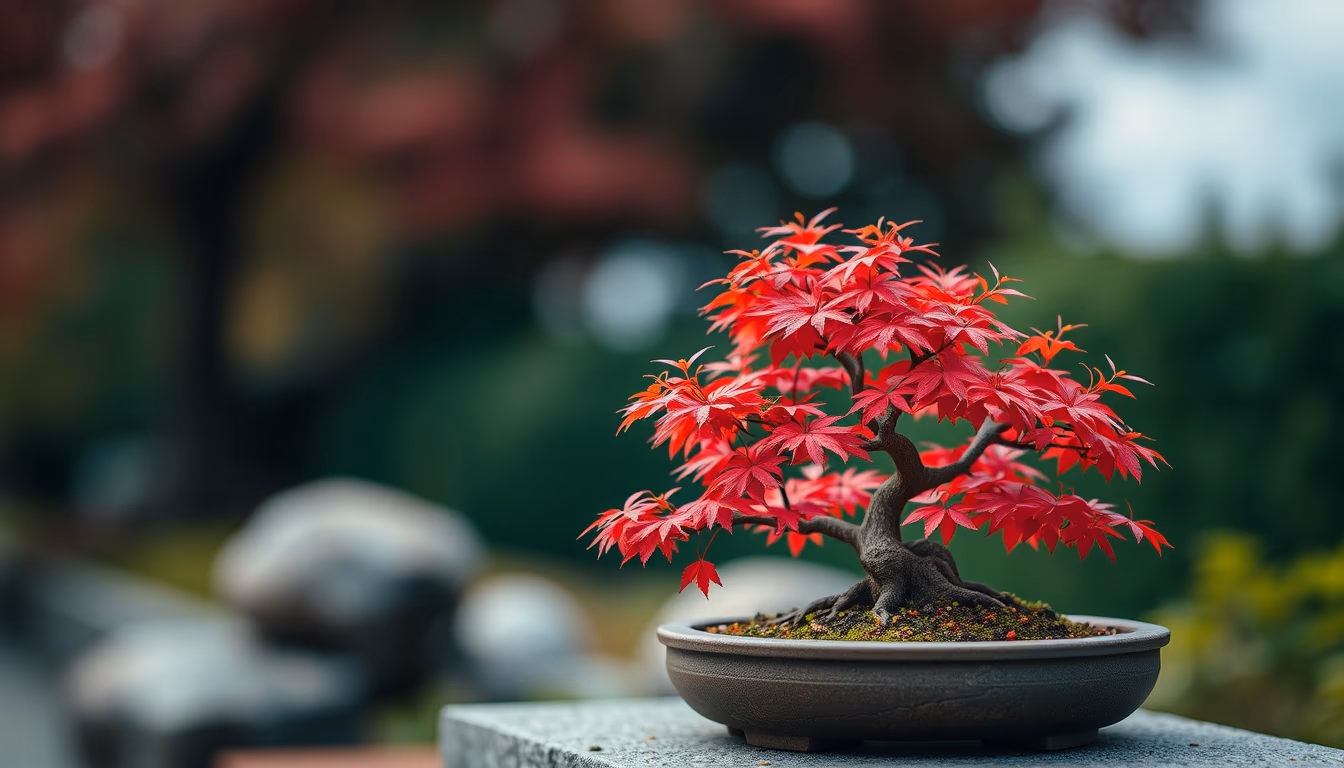 bonsai maple autumn red in editorial style