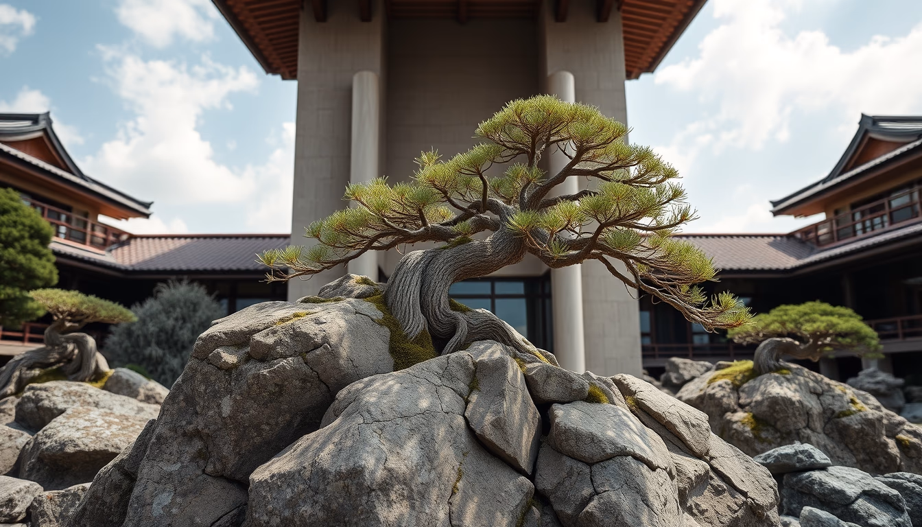bonsai rock landscape in editorial style
