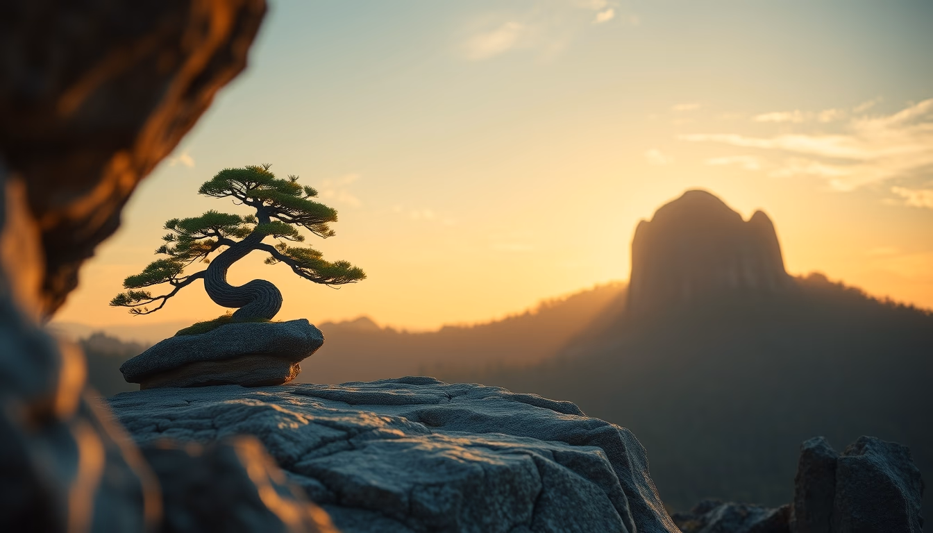 bonsai rock landscape in editorial style