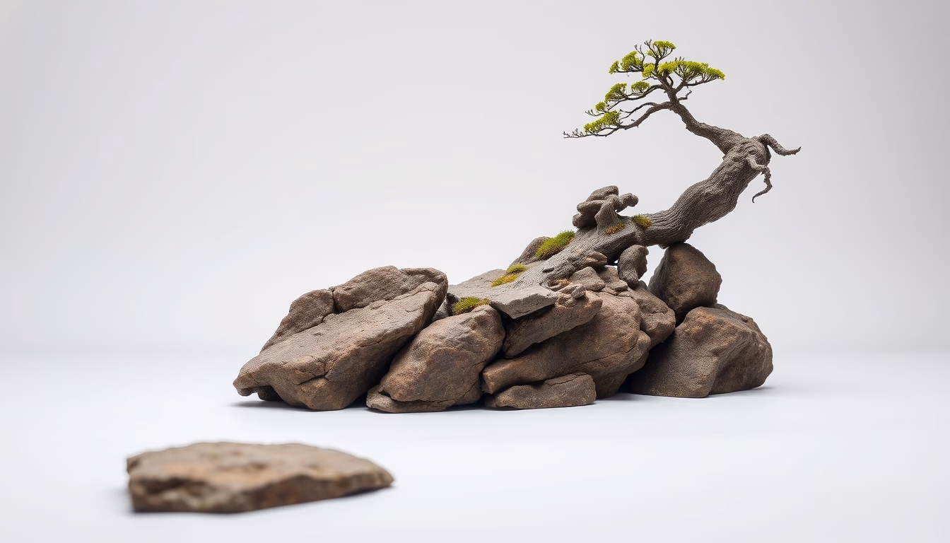 bonsai rock landscape in editorial style