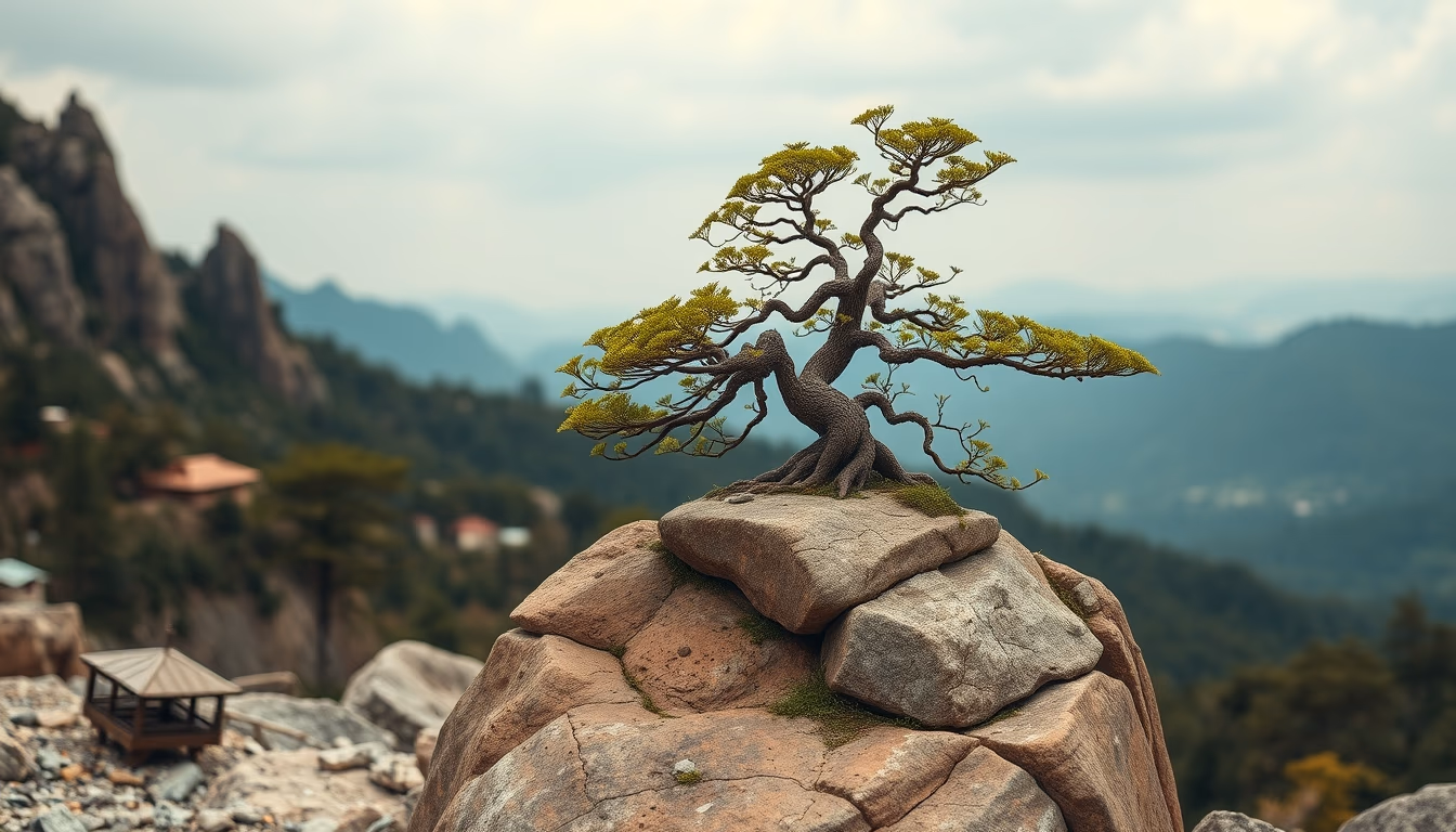 bonsai rock landscape in editorial style