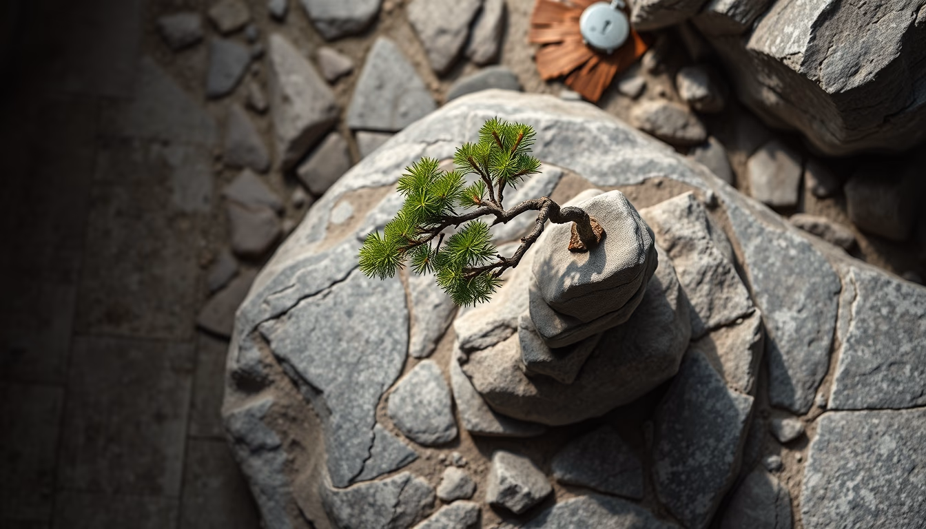 bonsai rock landscape in editorial style