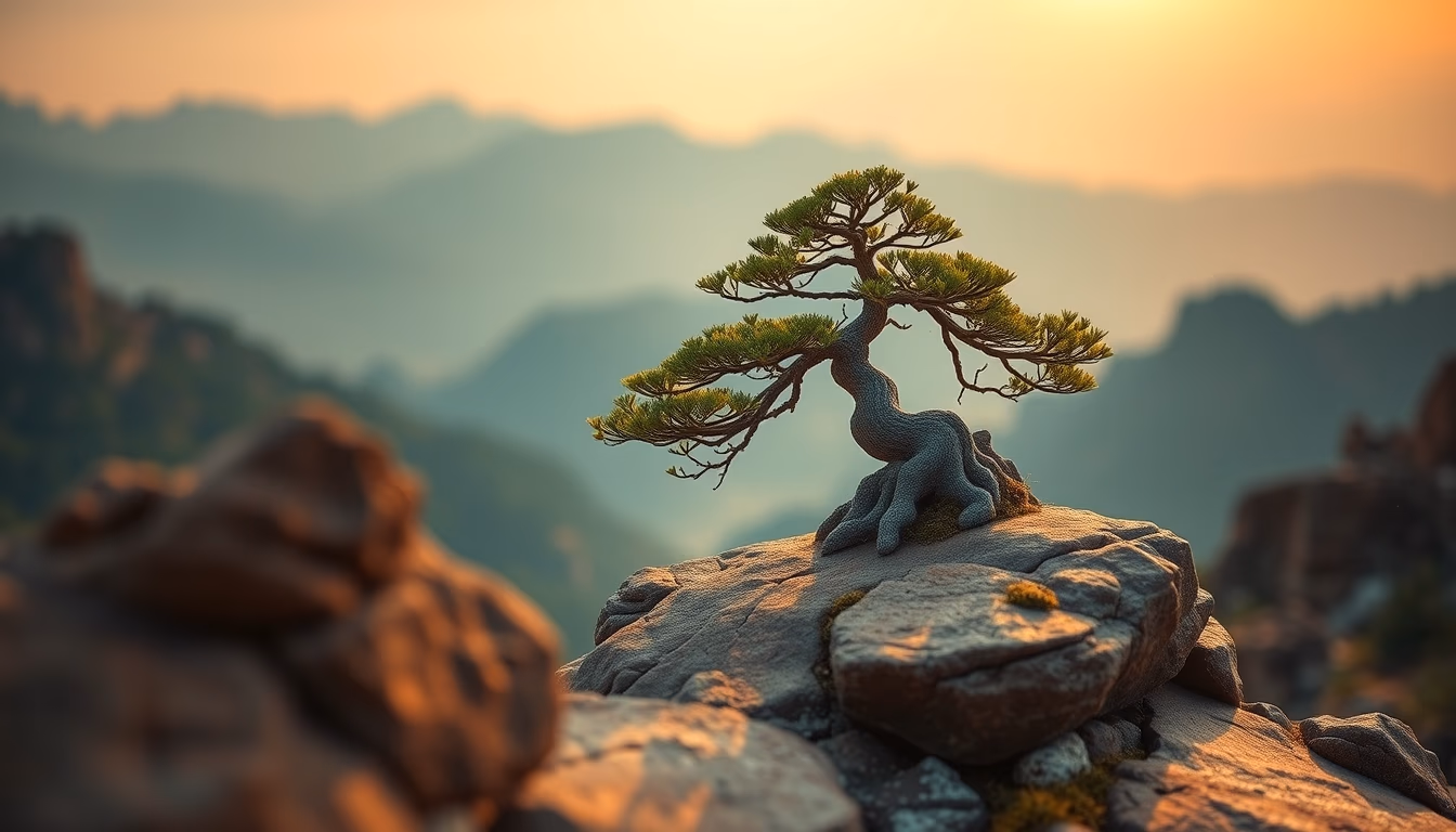bonsai rock landscape in editorial style