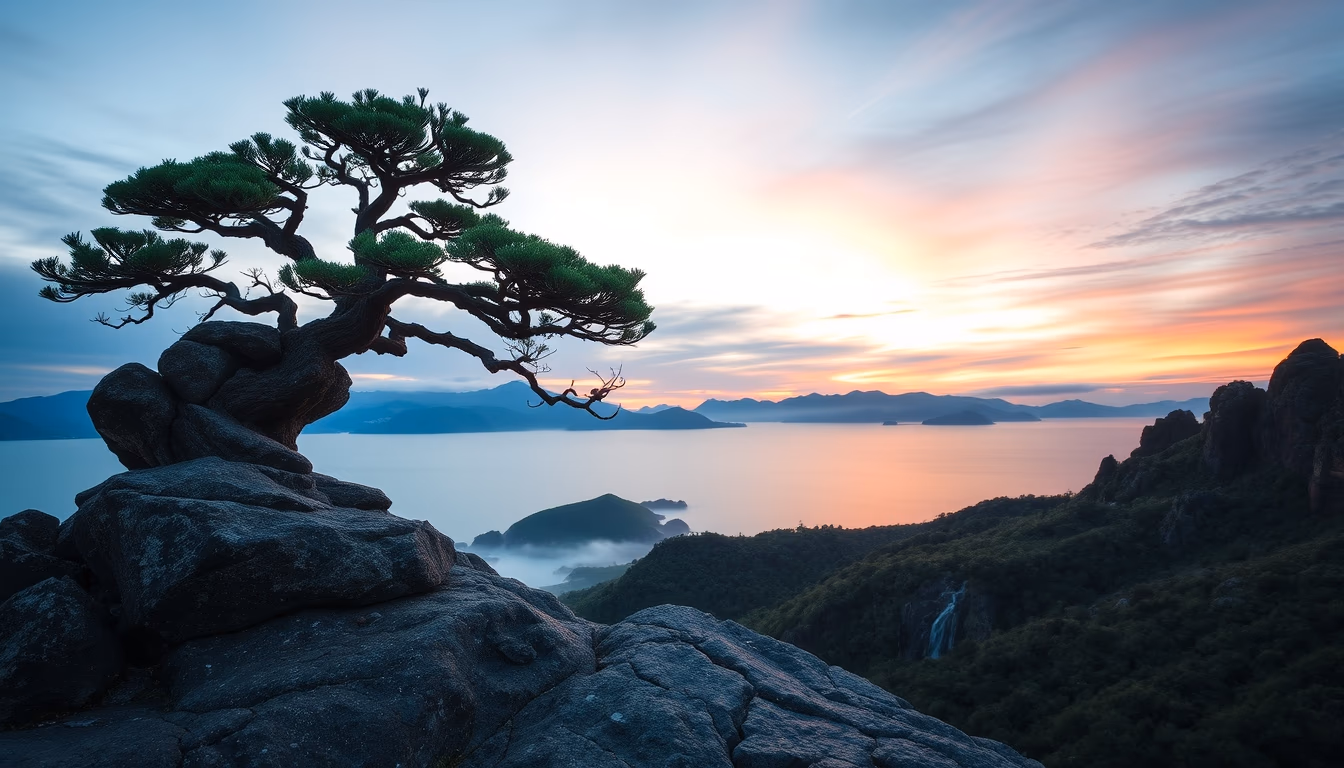 bonsai rock landscape in editorial style