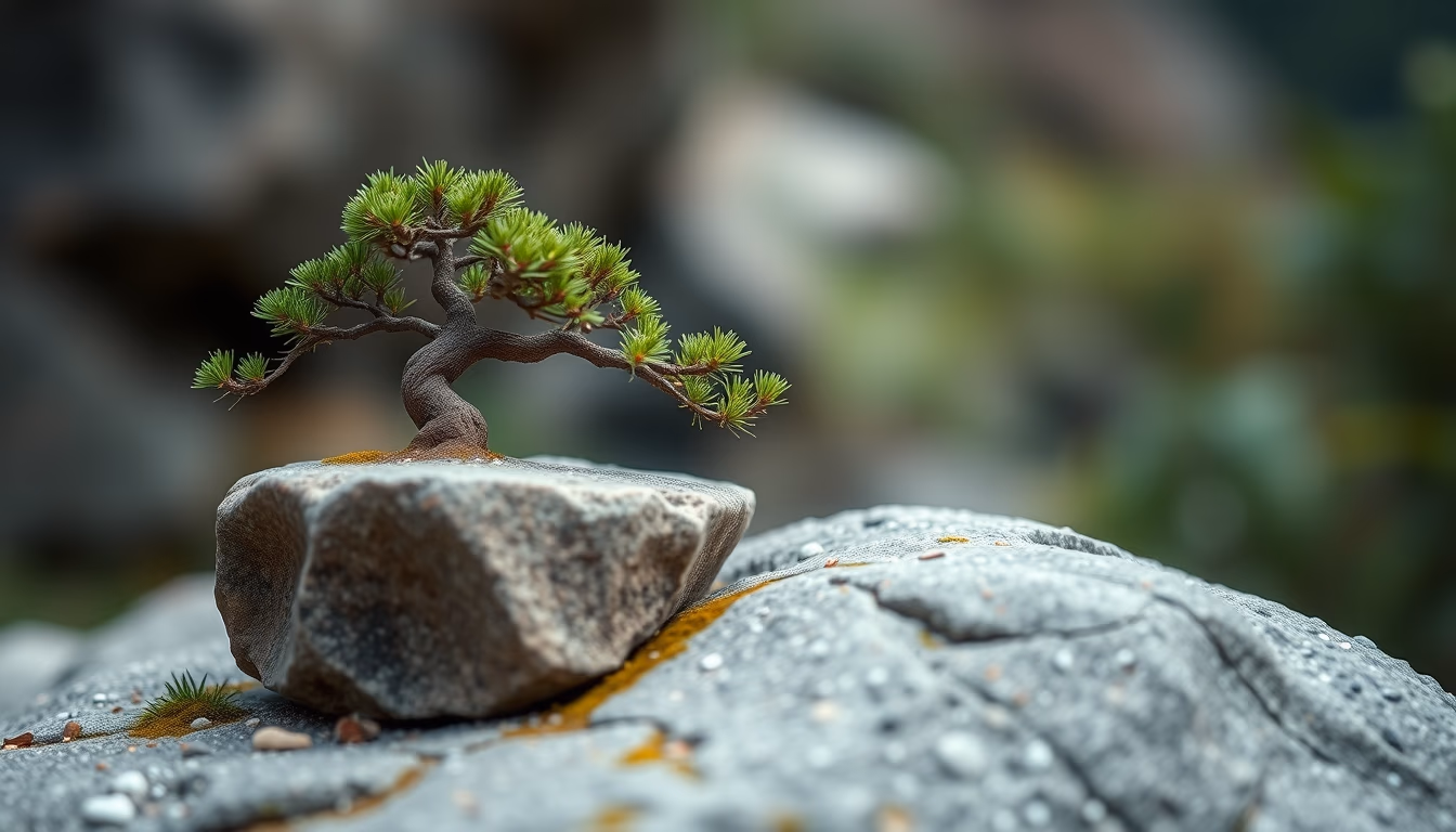 bonsai rock landscape in editorial style